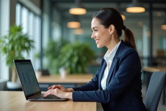 Professionnelle utilisant un extranet collaboratif sur son ordinateur portable dans un bureau moderne