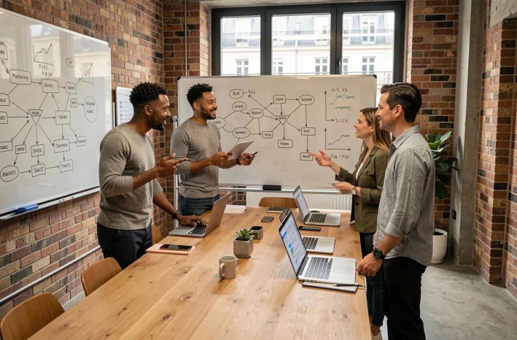 Équipe de professionnels data discutant de stratégie marketing autour d'un tableau blanc dans un espace de travail parisien