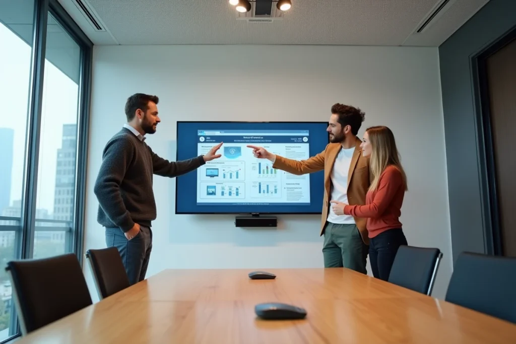 Équipe professionnelle discutant d'un tableau de bord extranet lors d'une réunion collaborative