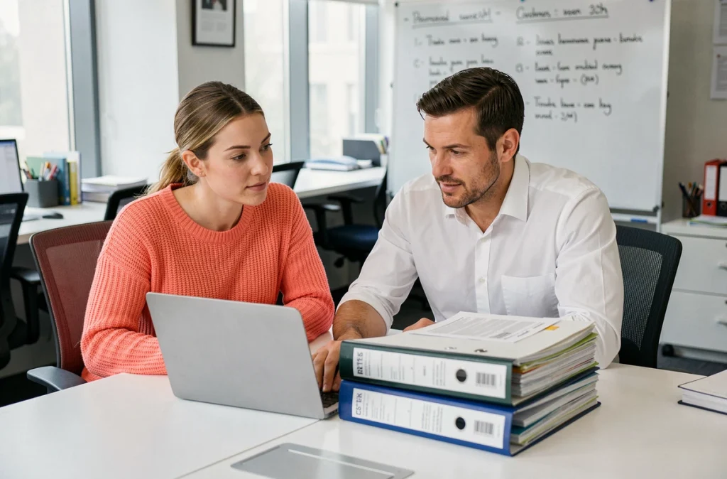 Deux collaborateurs RH travaillant ensemble sur la migration de bulletins de paie vers RH Desk Silae lors d'une réunion