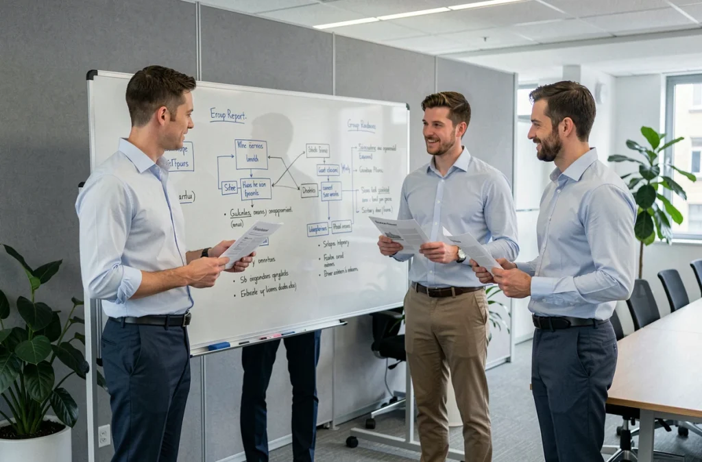 Équipe professionnelle discutant des consignes de style pour un rapport de groupe devant un tableau blanc