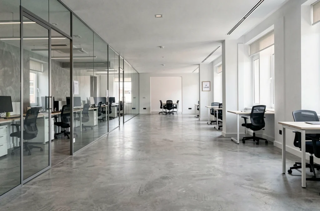 Espace de bureau vide à louer à Monaco avec aménagement open space et finitions haut de gamme