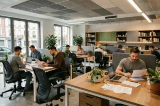 Espace de coworking moderne à Noisy-le-Grand avec bureaux en bois et professionnels au travail
