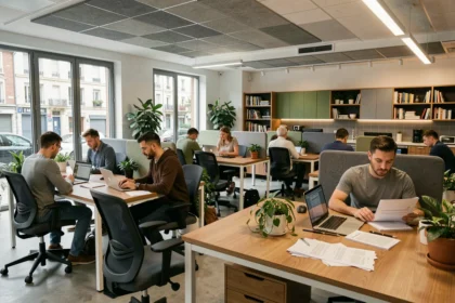 Espace de coworking moderne à Noisy-le-Grand avec bureaux en bois et professionnels au travail