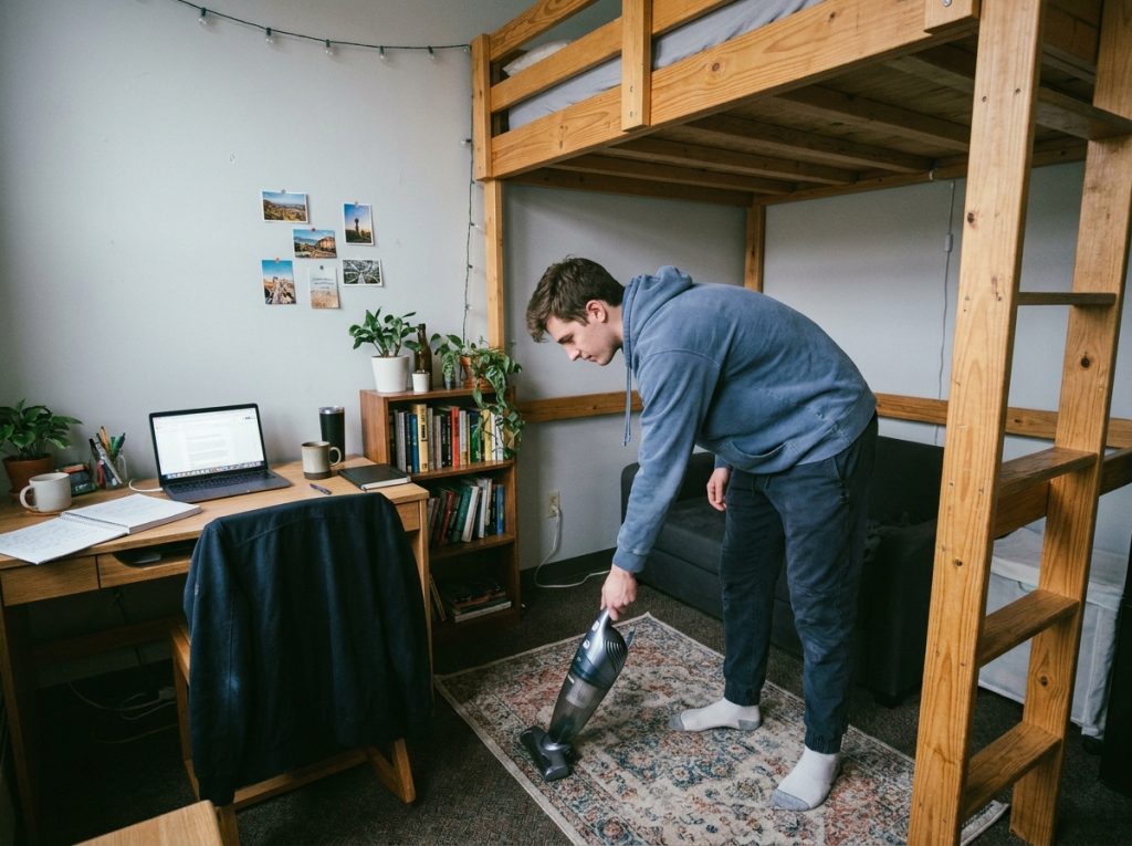 Étudiant qui passe l'aspirateur sur le tapis de son studio avec un petit aspirateur portable