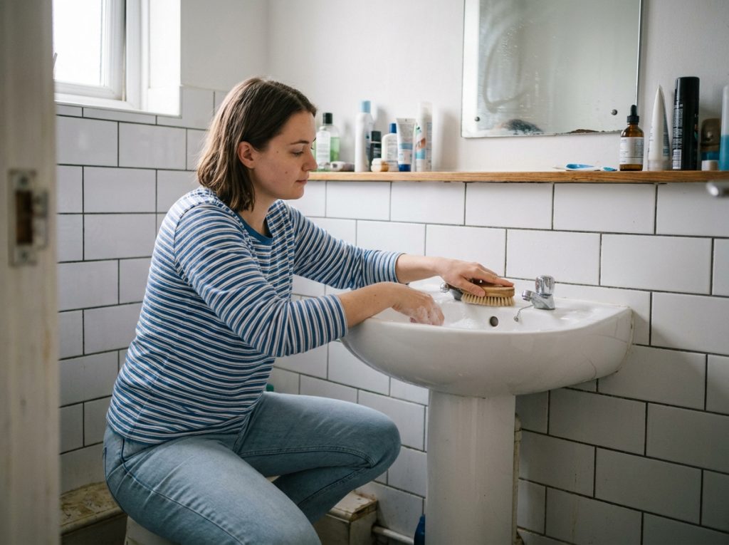 Étudiante qui récure le lavabo de la petite salle de bain de son studio pour le garder propre