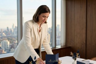 Femme professionnelle organisant des éléments de décoration aux couleurs d'une marque lors d'un événement client en salle privée élégante