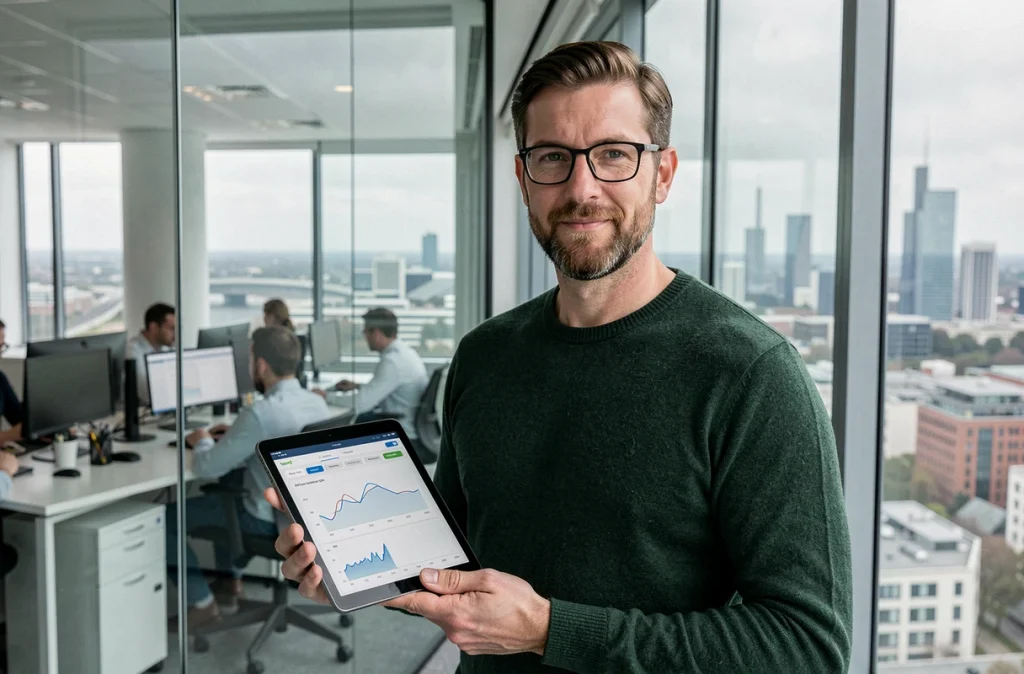 Expert en data marketing tenant une tablette avec des analyses en temps réel dans une tour de bureaux à Paris La Défense