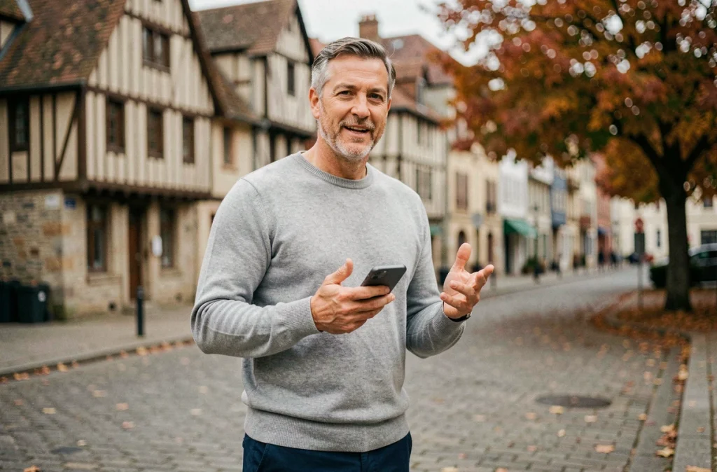 Expert SEO indépendant à Rennes debout devant les bâtiments historiques à colombages du centre-ville breton