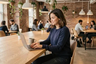 Femme travaillant dans un espace de coworking à Chambéry avec ordinateur portable sur un bureau en bois partagé