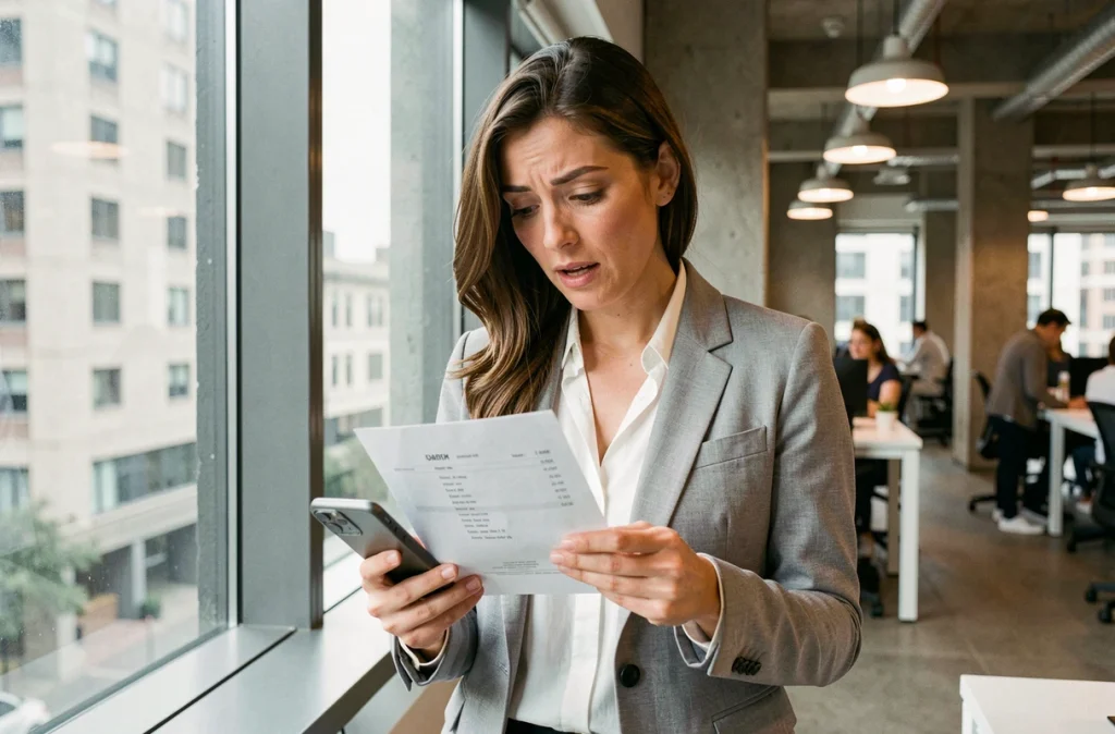 Femme professionnelle examinant une facture d'apporteur d'affaires dans un espace de coworking moderne