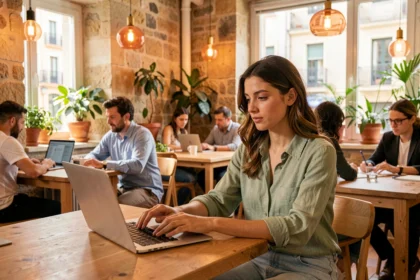 Jeune femme travaillant dans un espace de coworking à Marseille avec murs en pierre apparente et ambiance chaleureuse
