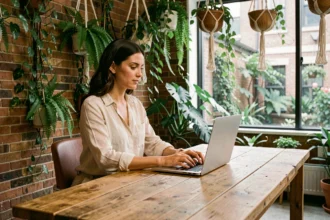 Femme travaillant dans un espace de coworking vert avec des plantes et du bois recyclé