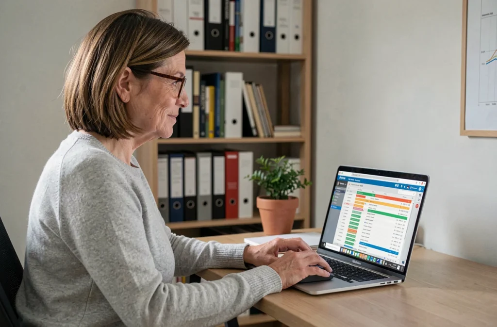 Une femme utilisant un logiciel de gestion de stock gratuit sur son ordinateur portable dans un bureau à domicile