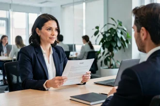 Femme en reconversion professionnelle lors d'un entretien d'embauche exprimant son intérêt pour un nouveau poste