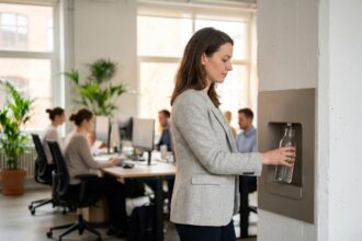 Employée remplissant sa gourde à une fontaine à eau de bureau moderne dans un espace de travail en open space