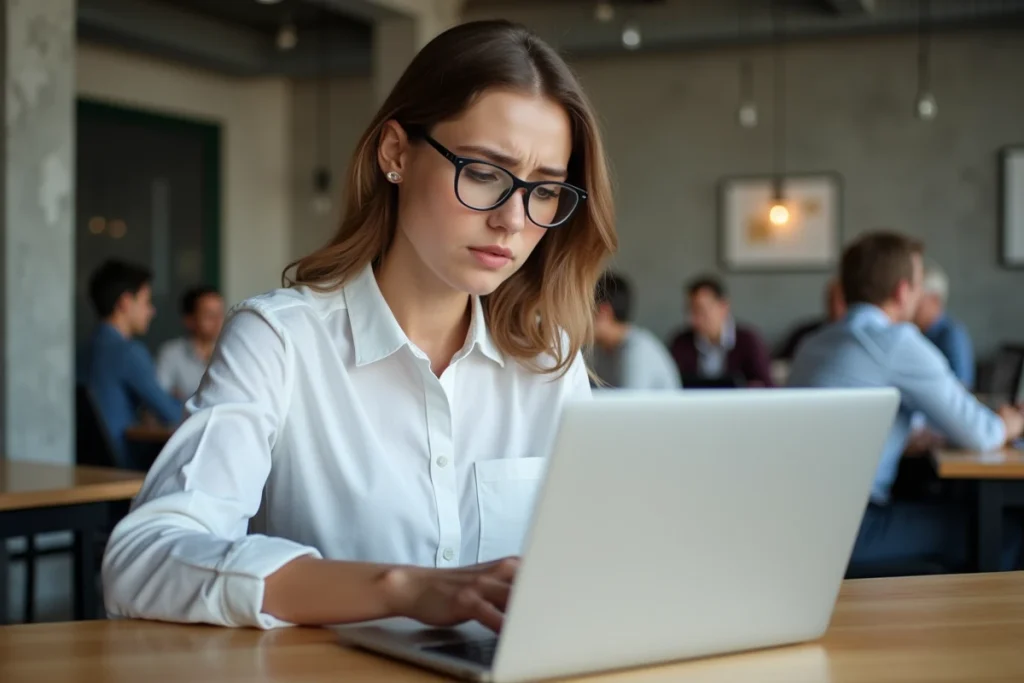 Jeune femme en espace de coworking remplissant un formulaire de récupération de mot de passe sur un portail intranet municipal