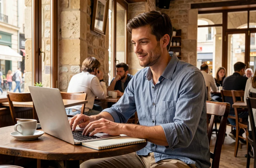 Freelance en portage salarial travaillant sur son ordinateur dans un café de La Roche-sur-Yon
