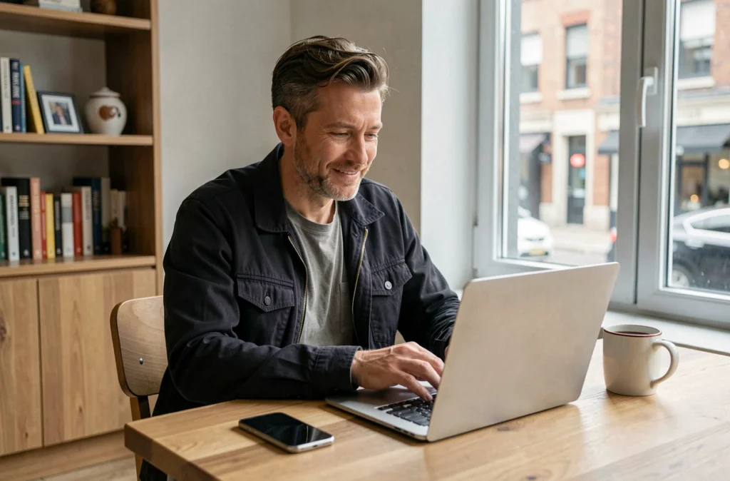 Freelance travaillant depuis son domicile en tant que salarié porté, gérant ses missions en ligne