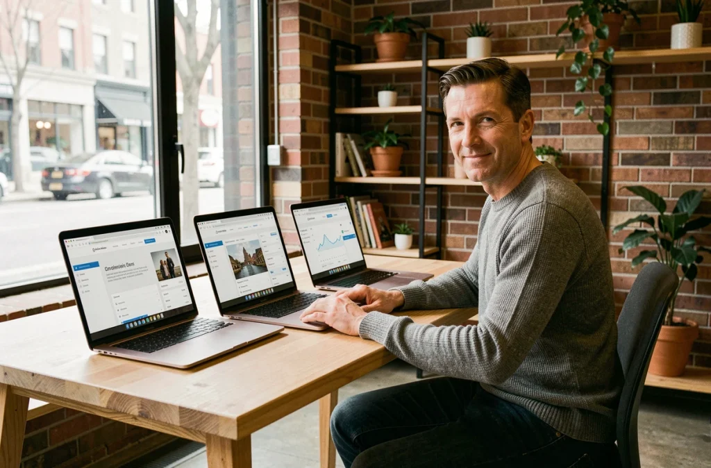 Entrepreneur gérant plusieurs sites web et stratégies de domaines sur trois ordinateurs portables dans un espace de coworking