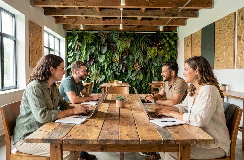 Groupe de personnes collaborant dans un espace de coworking écoresponsable avec mur végétal