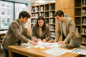 Groupe d'étudiants collaborant sur la mise en page d'un rapport dans une bibliothèque universitaire moderne