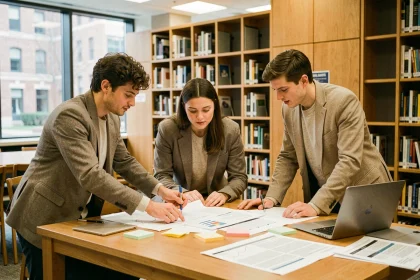 Groupe d'étudiants collaborant sur la mise en page d'un rapport dans une bibliothèque universitaire moderne