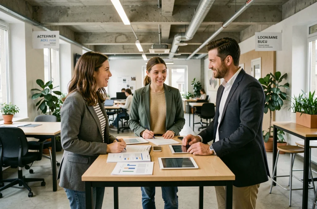 Groupe de professionnels en portage salarial collaborant dans un espace de travail partagé en Vendée