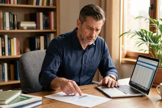 Homme consultant des documents financiers à son bureau pour vérifier ses revenus d'apporteur d'affaires