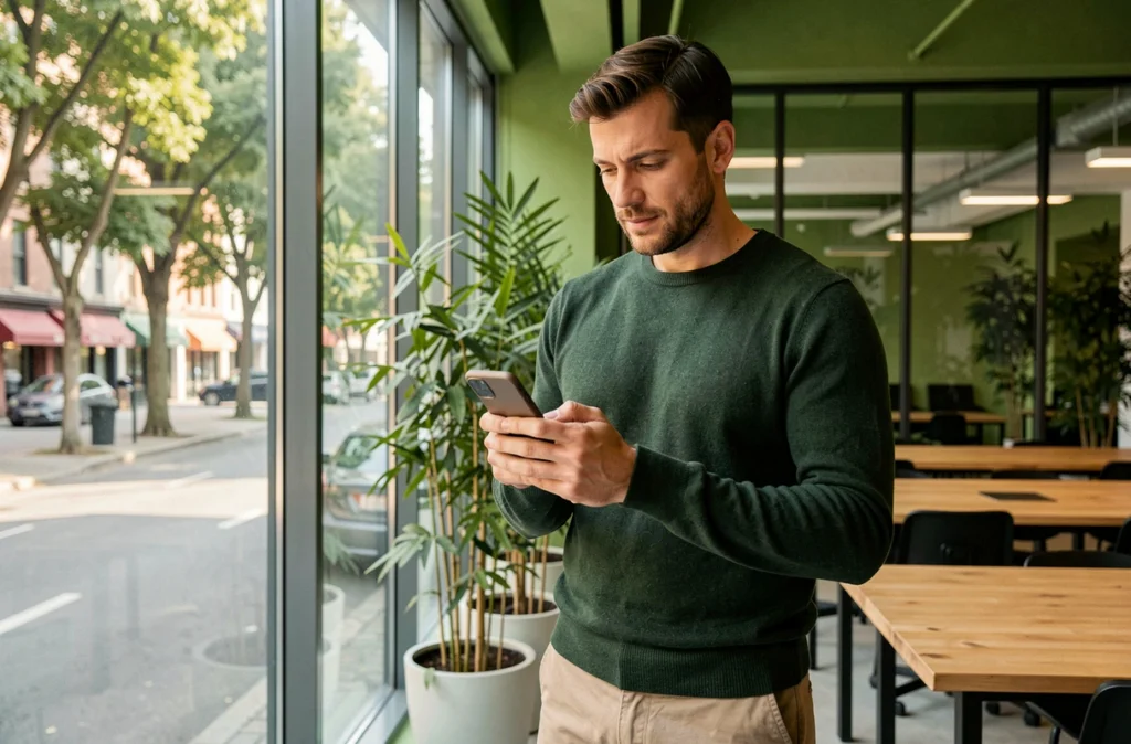 Homme consultant son téléphone dans un espace de coworking avec bambous et grandes fenêtres