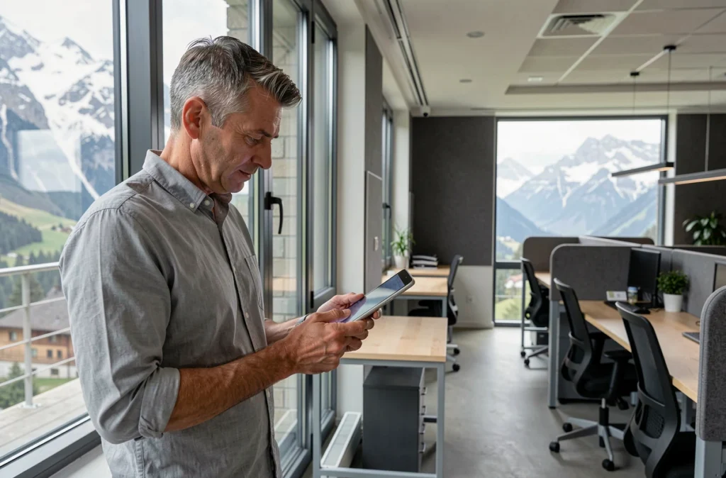 Homme consultant sa tablette dans un espace de coworking moderne à Chambéry avec vue sur les montagnes