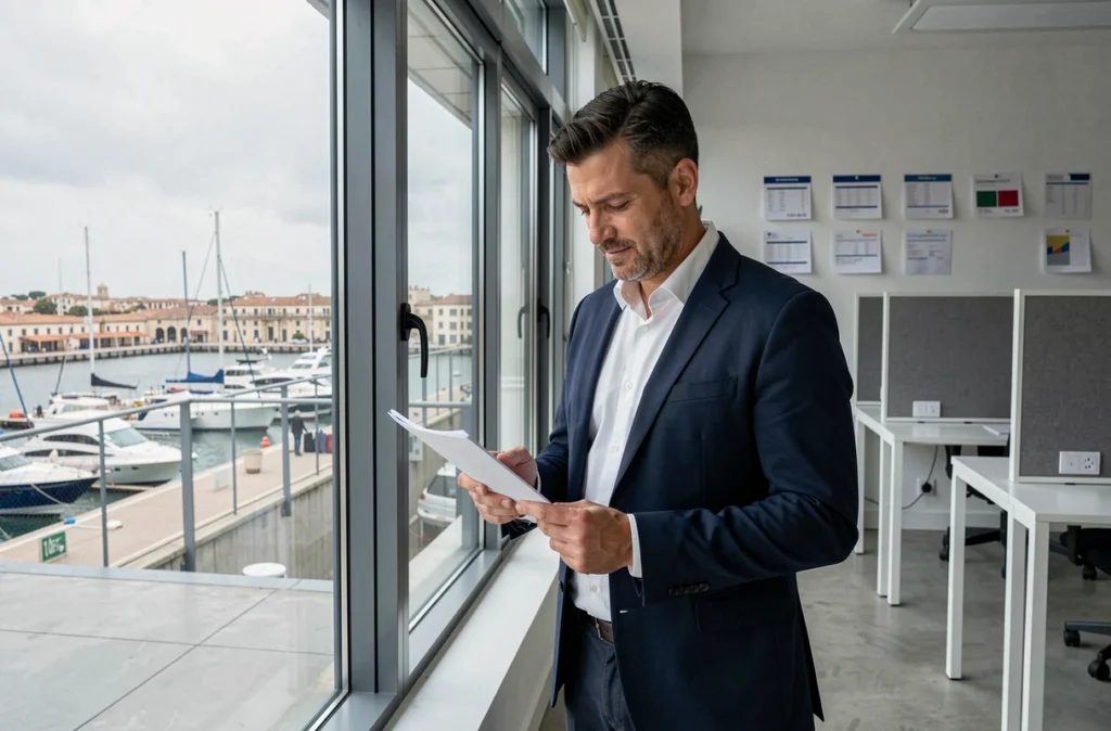Homme d'affaires dans un coworking moderne à Marseille avec vue sur le Vieux-Port et espaces de travail flexibles