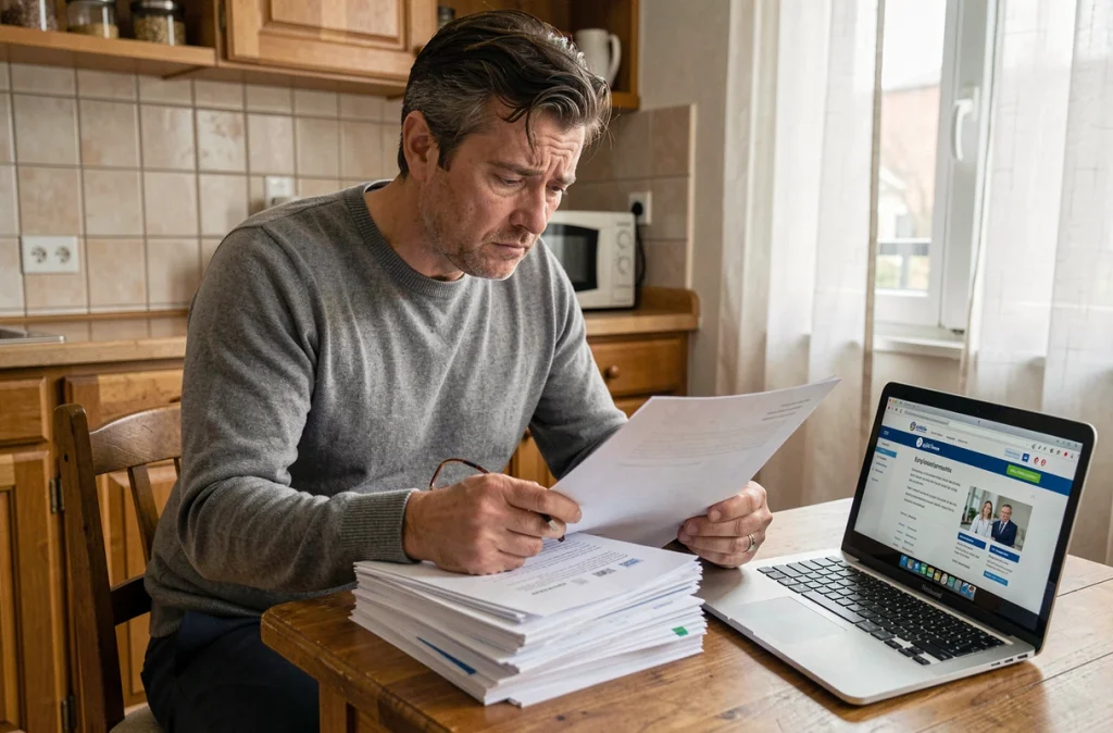 Un homme licencié pour faute lourde étudie des documents administratifs pour contester son refus d'allocations chômage