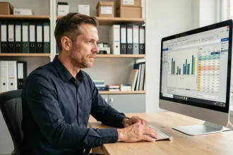 Un homme d'affaires analysant un logiciel de gestion de stock sur un écran d'ordinateur de bureau dans un bureau moderne