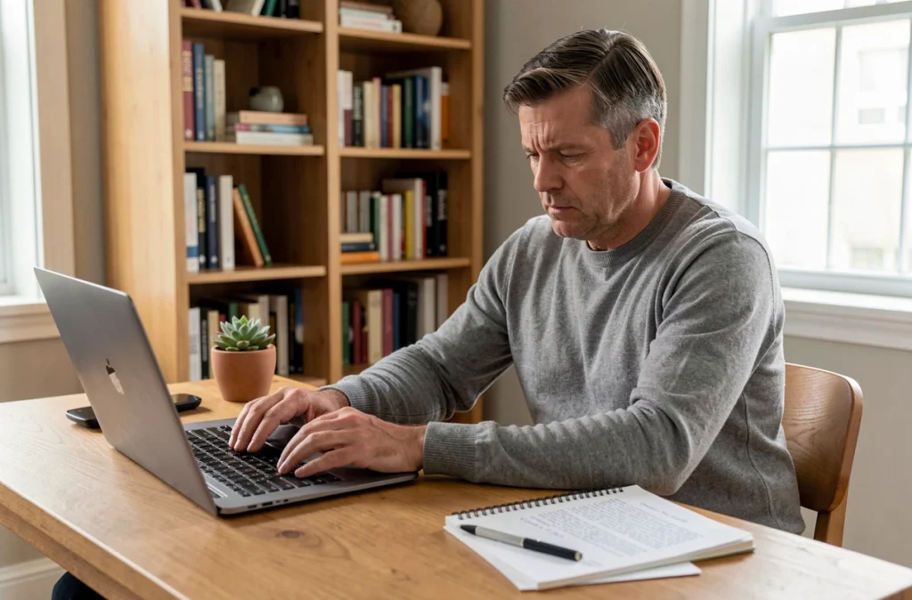 Homme en reconversion professionnelle rédigeant une lettre de motivation pour exprimer son intérêt pour un nouveau poste