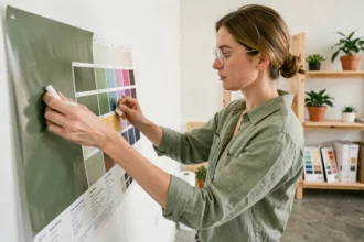 Designer appliquant un vinyle adhésif écologique grand format sur un mur blanc dans un studio créatif moderne