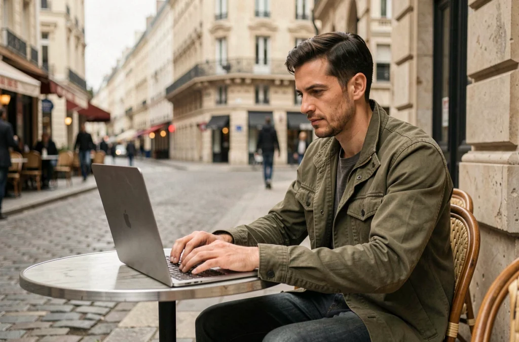 Travailleur indépendant en portage salarial sur son ordinateur en terrasse dans le centre-ville d'Amiens