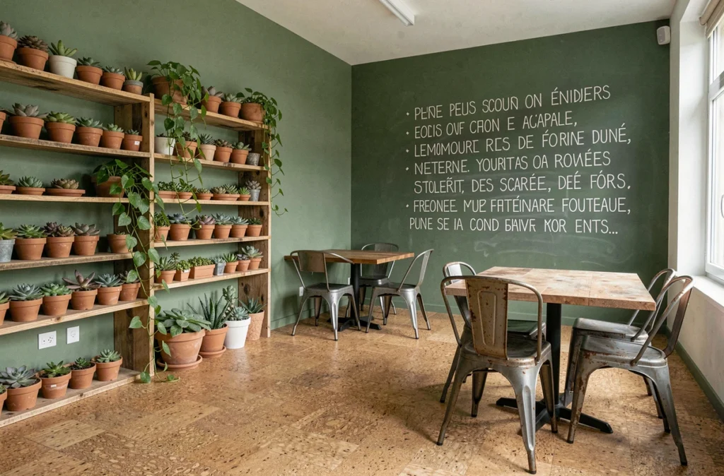 Intérieur d'un espace de coworking vert vide avec décoration durable et matériaux recyclés