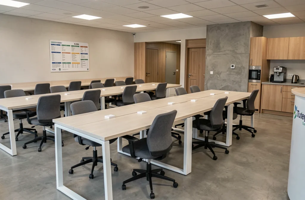 Vue intérieure d'un espace de coworking vide à Chambéry avec bureaux, tarifs affichés et coin café