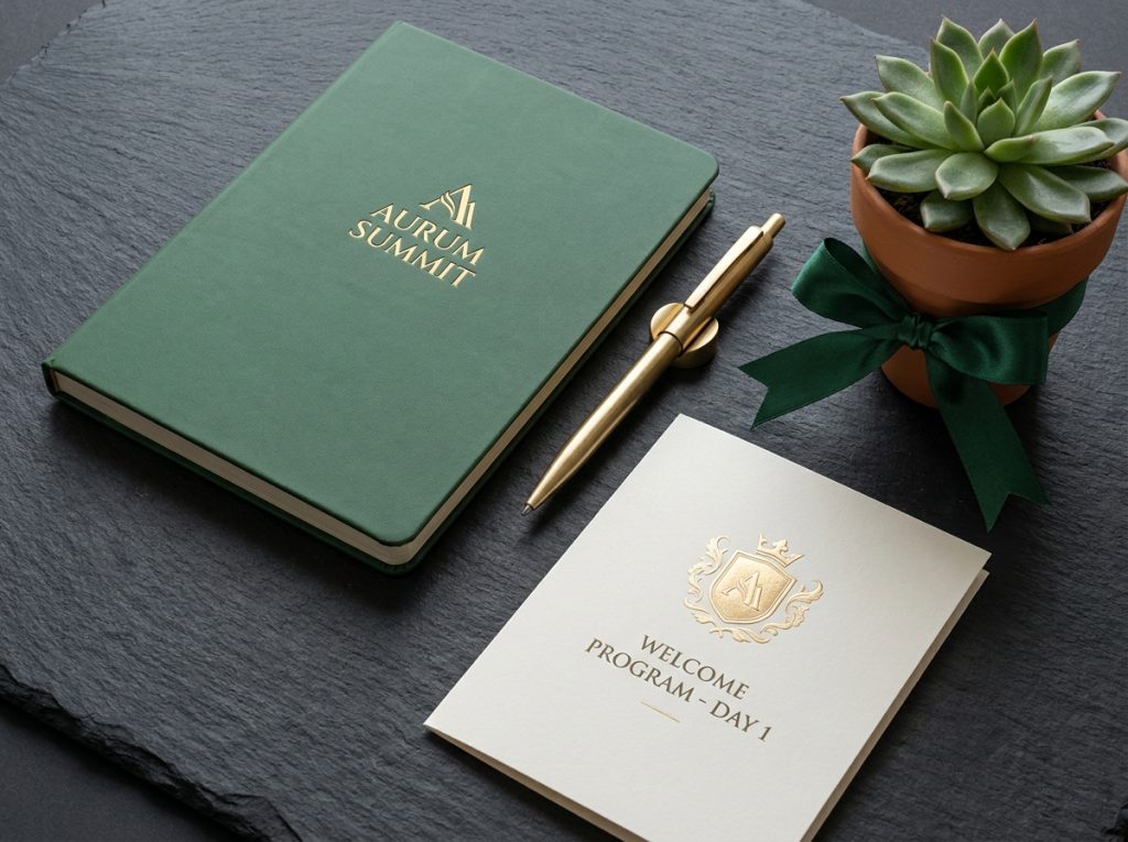 Kit de bienvenue personnalisé aux couleurs d'une marque disposé en flat-lay élégant pour un événement client premium