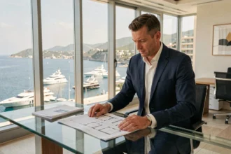 Homme d'affaires examinant des plans de bureau dans un espace de travail moderne à Monaco avec vue sur la mer
