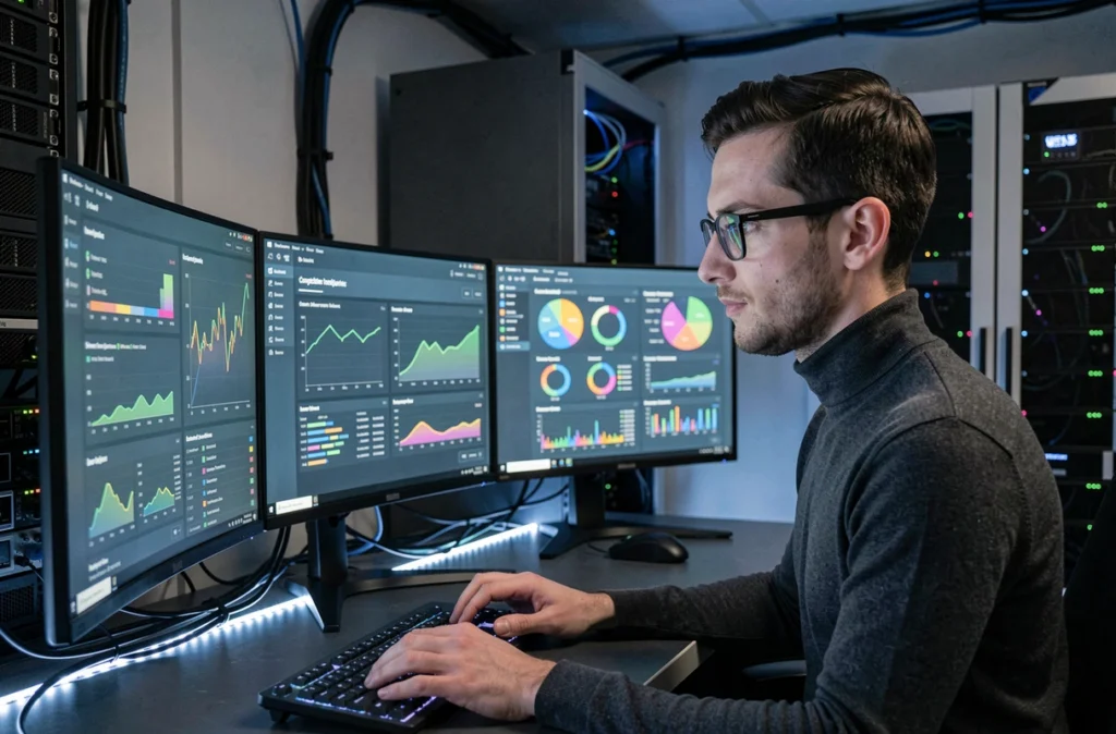 Analyste de données de Lynxintel étudiant des tableaux de bord d'intelligence compétitive et d'analyse de backlinks sur plusieurs écrans incurvés