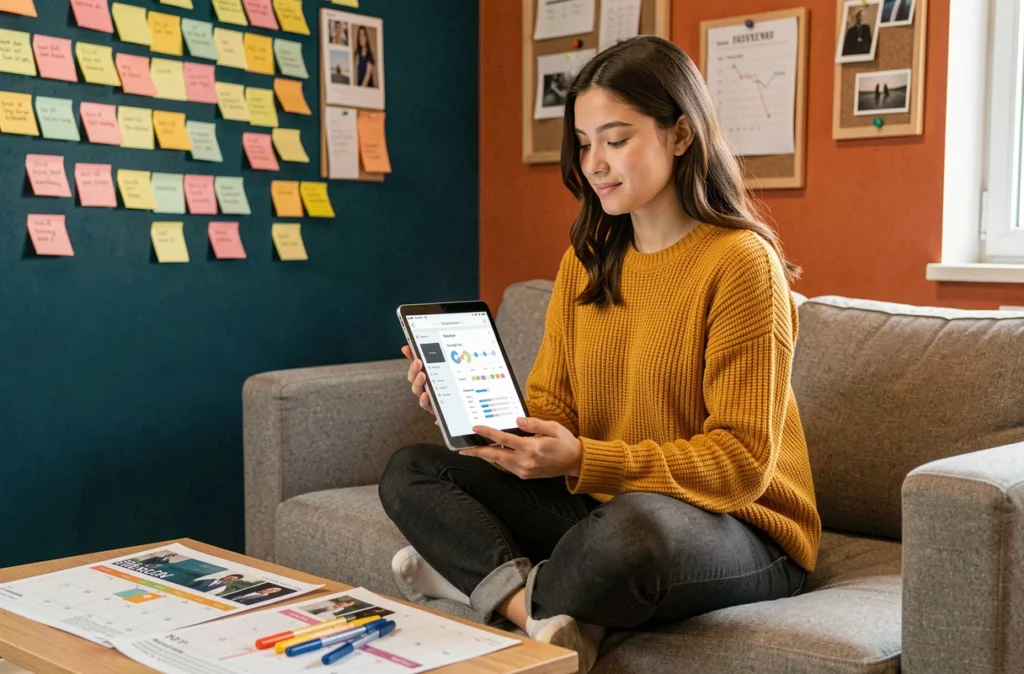 Stratège de contenu de Mayasquad analysant des données de performance SEO sur une tablette dans un studio créatif coloré avec tableaux d'inspiration