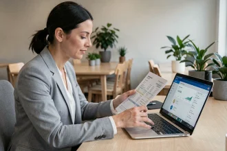 Responsable RH consultant des bulletins de paie imprimés tout en utilisant un logiciel RH sur ordinateur portable dans un bureau moderne