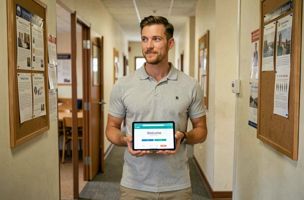 Nouvel embauché MFR consultant l'intranet sur tablette dans le couloir du centre de formation