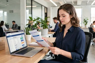 Nouvelle employée MFR consultant le guide intranet sur son bureau en open space