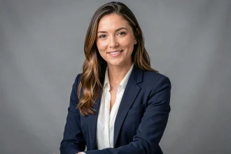 Femme professionnelle en blazer marine souriante pour une photo de CV sur fond gris neutre