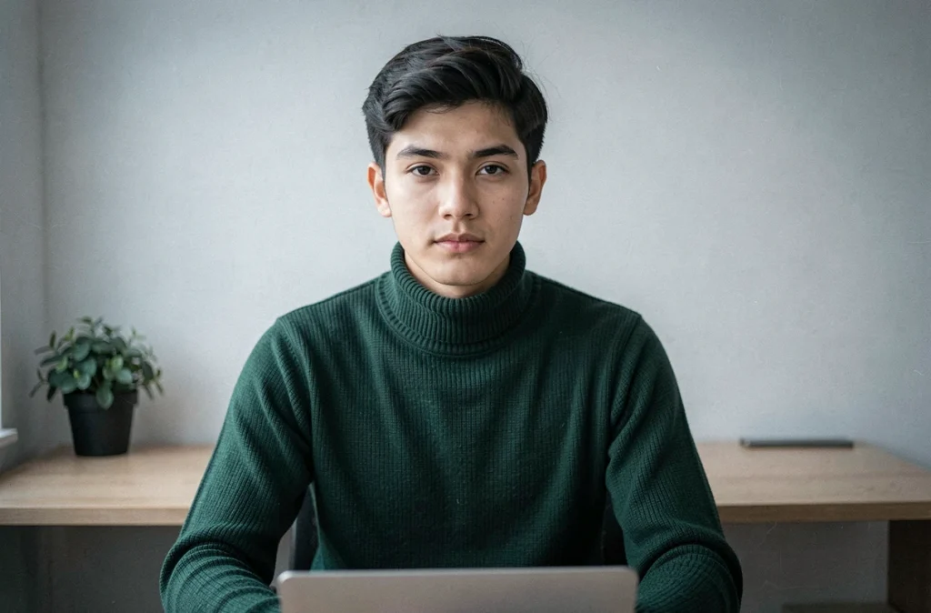 Portrait CV neutre d'une personne en col roulé vert foncé assise à un bureau minimaliste en bois