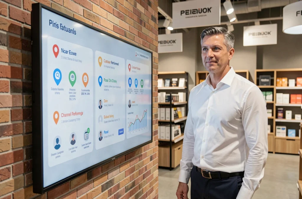 Un manager de commerce physique consultant un tableau de bord omnicanal sur écran tactile interactif dans un point de vente moderne
