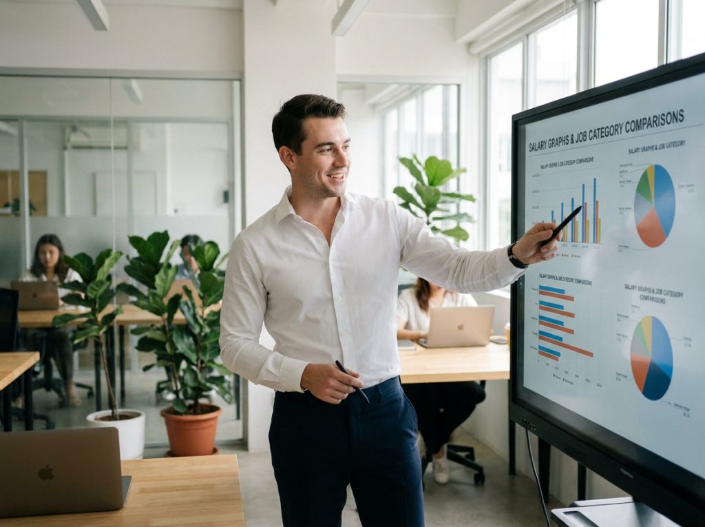 Homme présentant une comparaison de métiers et de salaires sur un écran interactif dans un espace de coworking